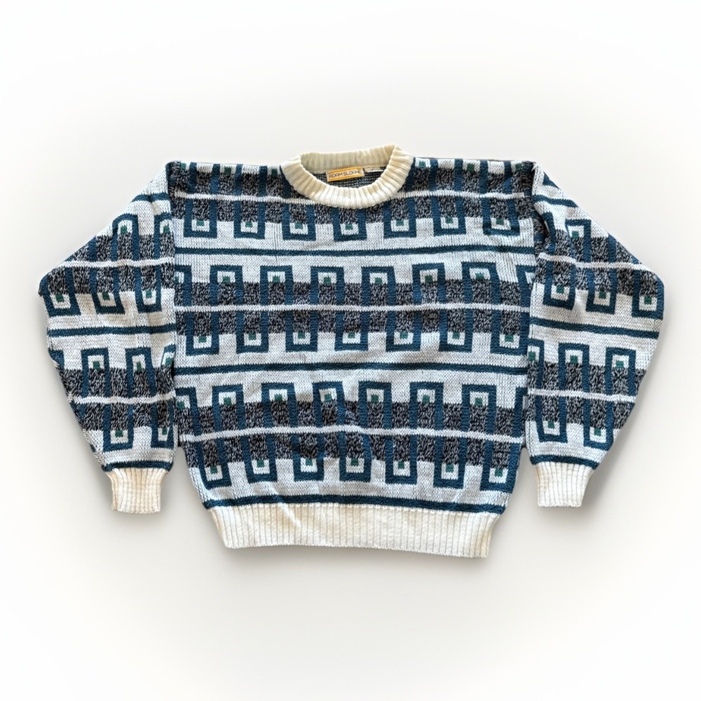 Vintage Sweater Mens S Adam‎ Sloane Geometric 90s Grandpa Knit Acrylic Crewneck